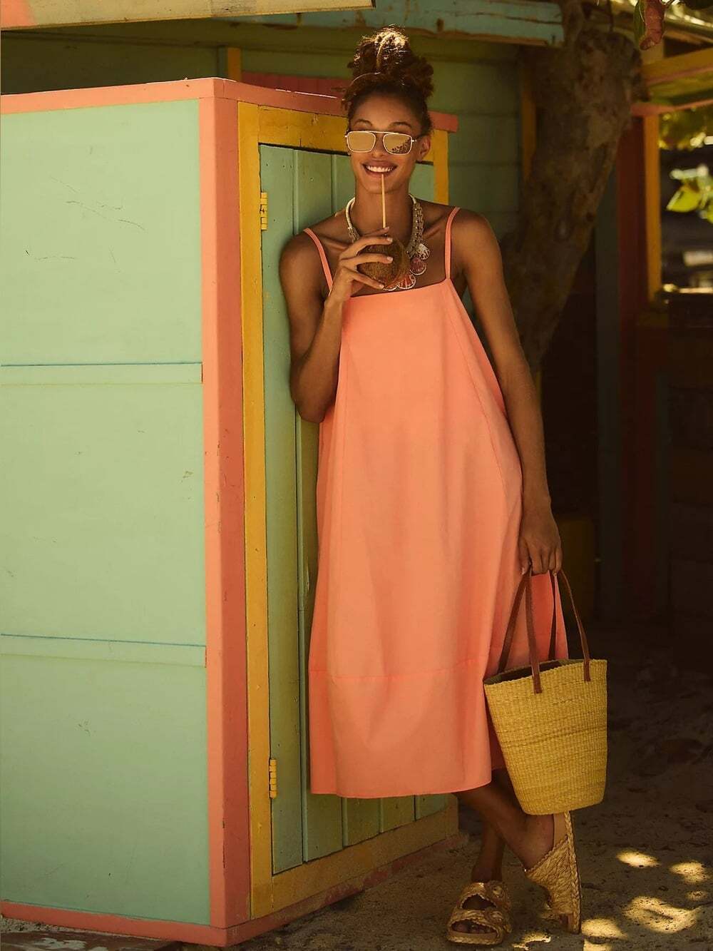 Anthropologie Self Contrast Barrel Midi Dress Coral Cotton Balloon Hem Sundress